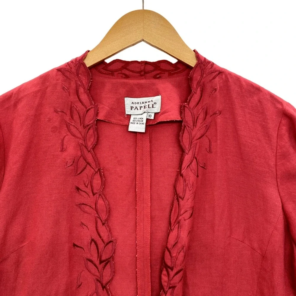 Adrianna Papell Jacket Womens 10 Red Linen Blend Open Front Embroidered - Picture 2 of 9